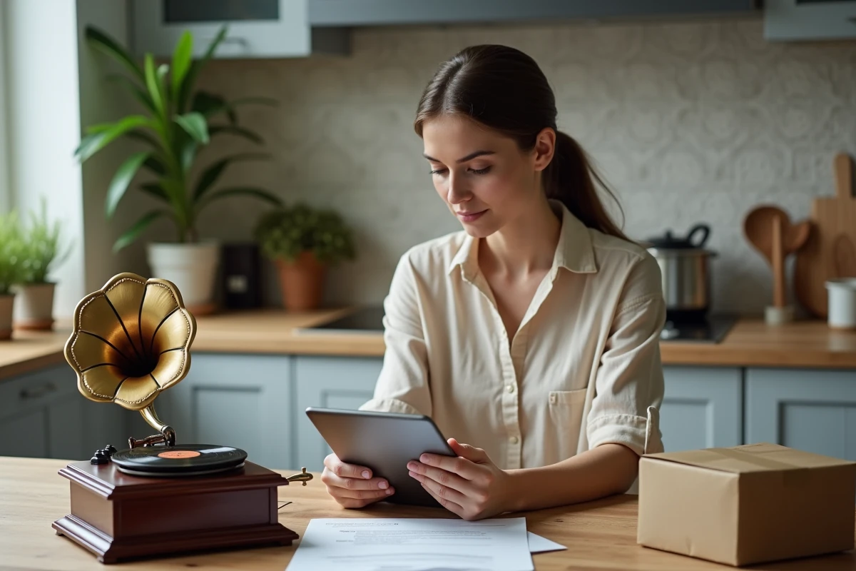 Jeune femme regardant un gramophone sur une tablette dans la cuisine