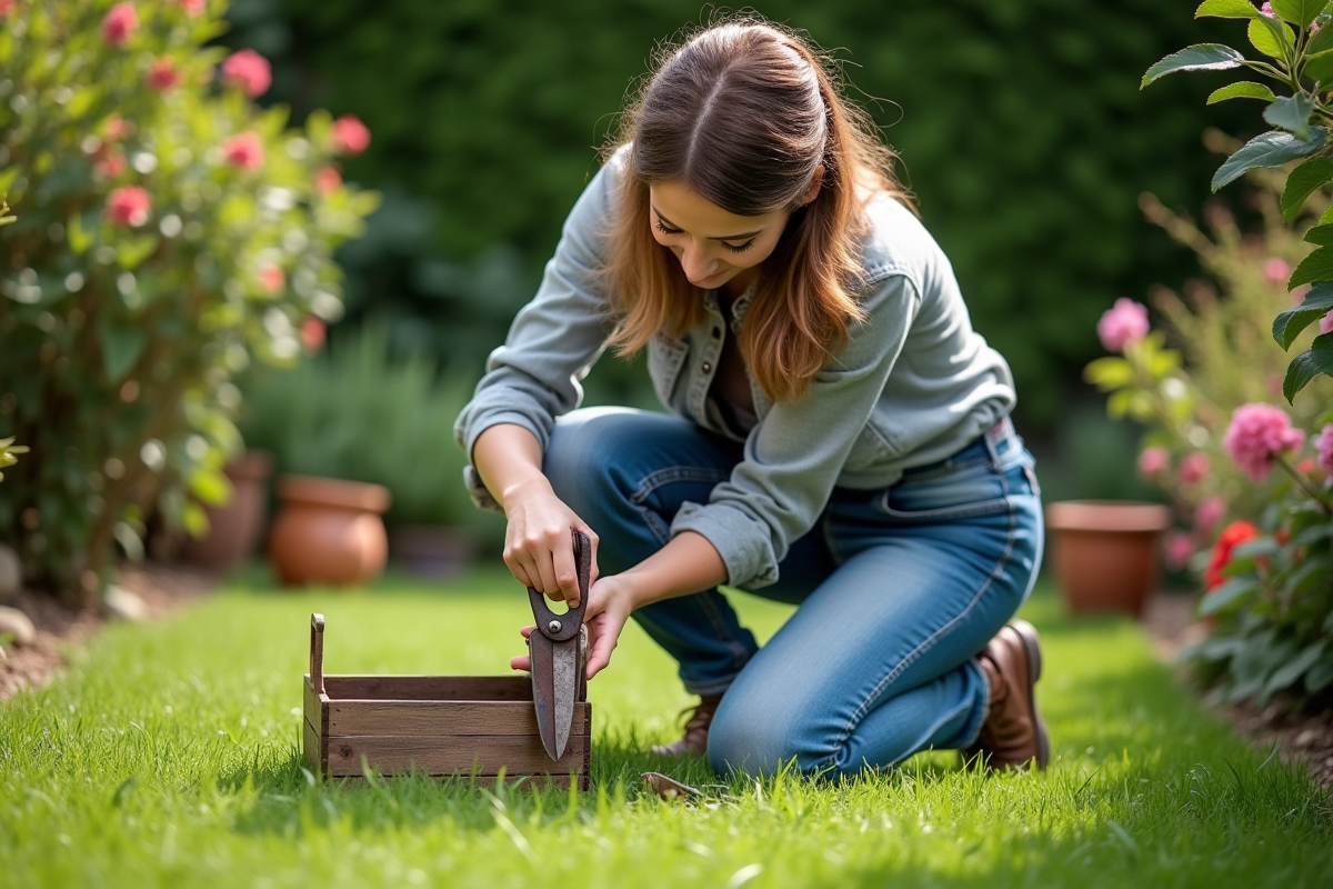 Jeune femme en extérieur huilant des sécateurs rouillés dans le jardin