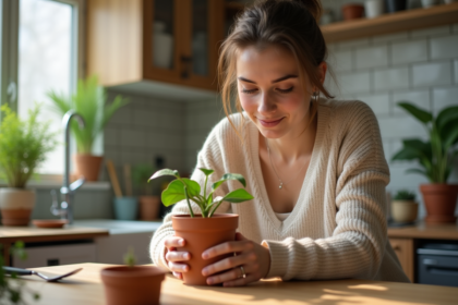 Jeune femme plantant une graine dans un pot en intérieur