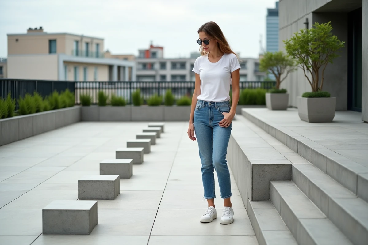 Jeune femme inspectant des supports en béton sur une terrasse