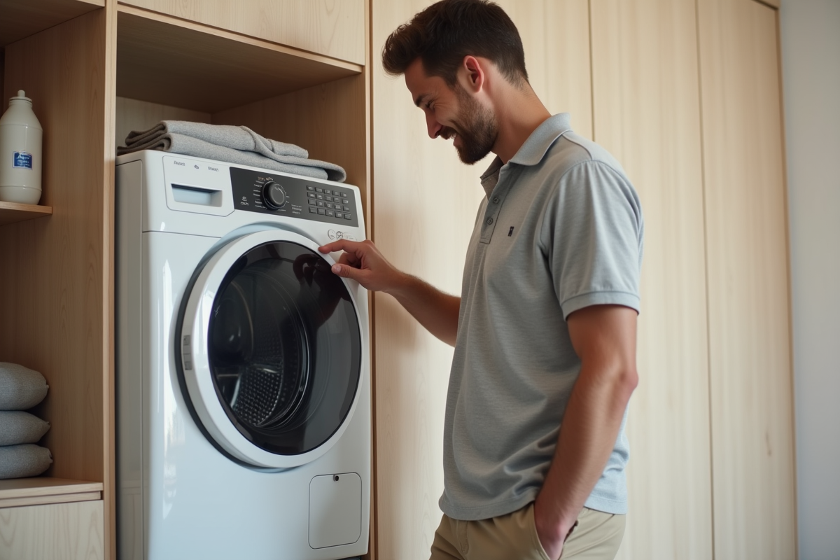 Jeune homme utilisant un sèche-linge dans un espace moderne