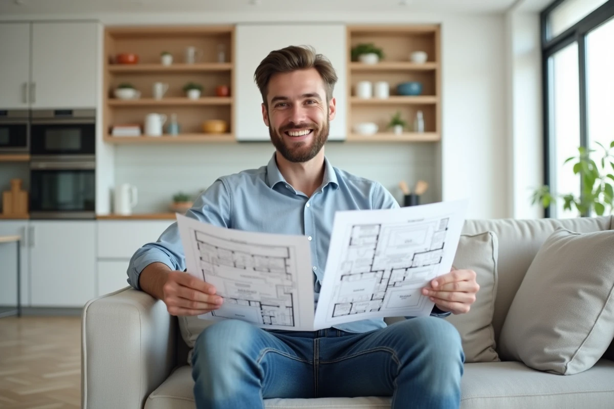 Jeune homme souriant avec plans d