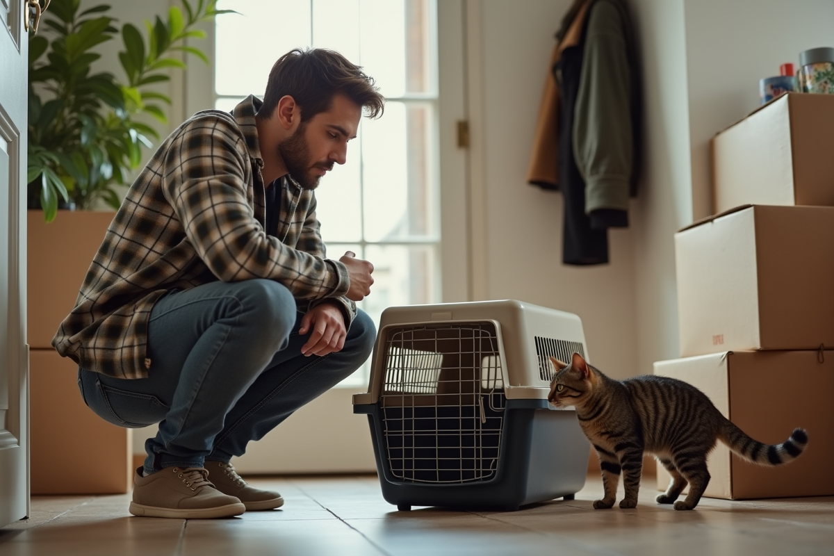 Jeune homme avec caisse de transport pour chat
