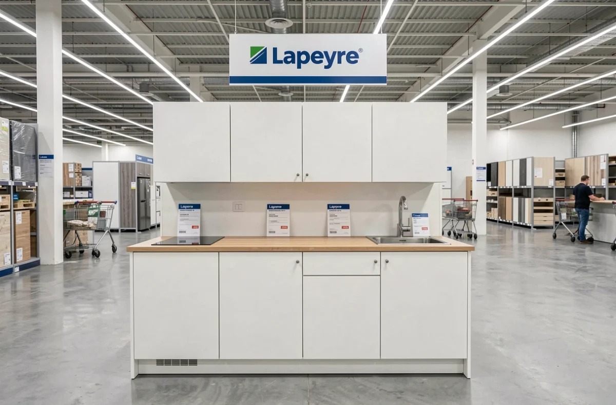 Cuisine en mélaminé blanc exposée chez Lapeyre Nice avec plan de travail effet bois et évier inox