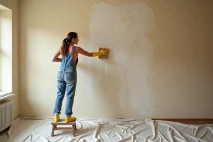 Femme qui lessivise un mur intérieur beige avec une éponge et des gants jaunes avant peinture