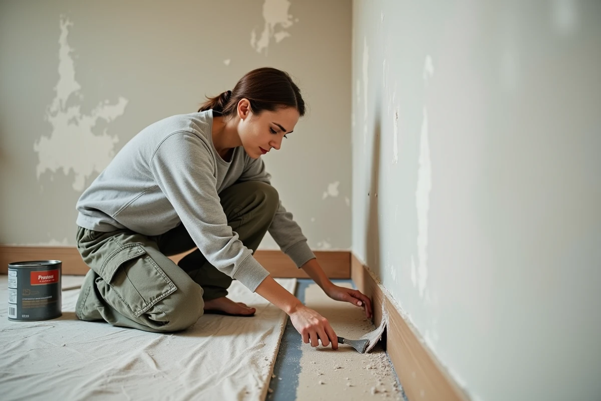 Femme lissant un joint acrylique à la spatule le long d'une plinthe avant l'application d'une sous-couche de peinture