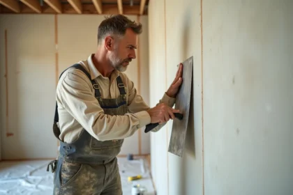 Artisan appliquant de l'enduit de lissage sur un mur en placo avec une taloche inox lors d'une rénovation intérieure