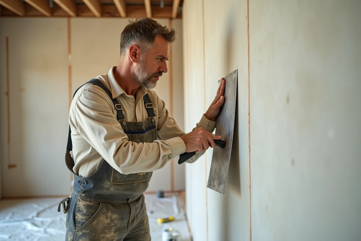 Artisan appliquant de l'enduit de lissage sur un mur en placo avec une taloche inox lors d'une rénovation intérieure