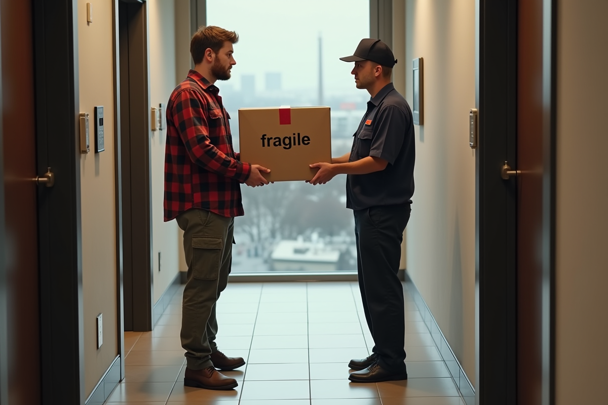 Jeune homme donnant un colis fragile à un livreur dans un hall urbain