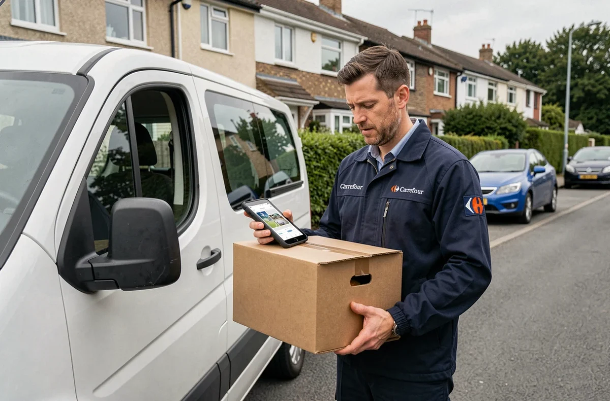 Livreur Carrefour devant son camion de livraison tenant un colis de courses à domicile