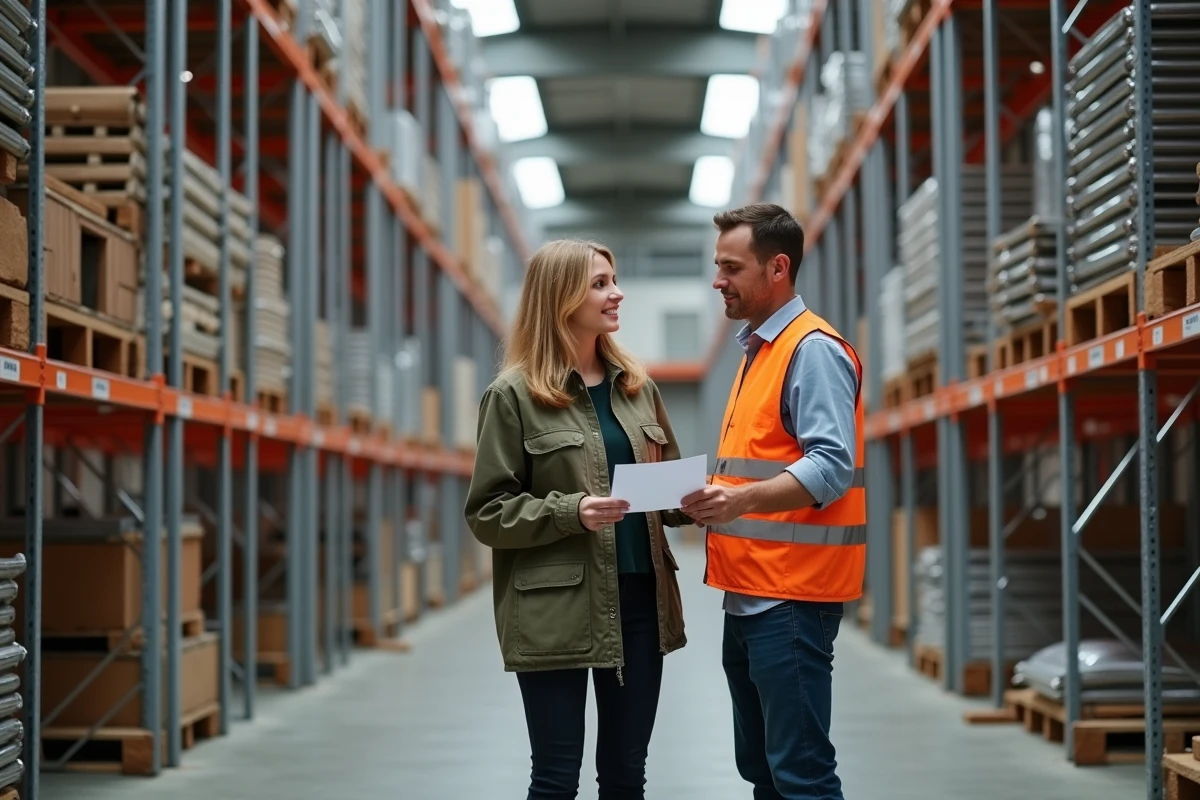 Cliente en train de consulter un contrat de location d'échafaudage au comptoir de service Leroy Merlin