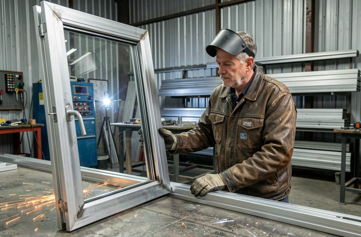 Artisan de Lugaz Métallerie inspectant un châssis en acier et aluminium dans un atelier de métallerie industriel
