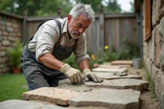 Maçon appliquant un mélange ciment sable pour jointoiement de pierres sur un chemin de jardin