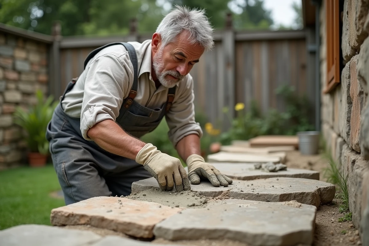 Maçon appliquant un mélange ciment sable pour jointoiement de pierres sur un chemin de jardin