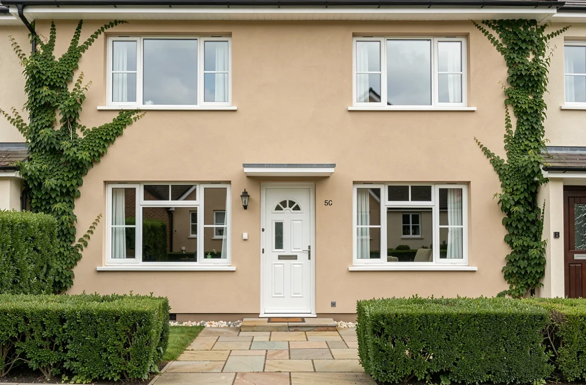 Maison individuelle avec fenêtres en PVC blanc double vitrage et porte d'entrée moderne nouvellement installées