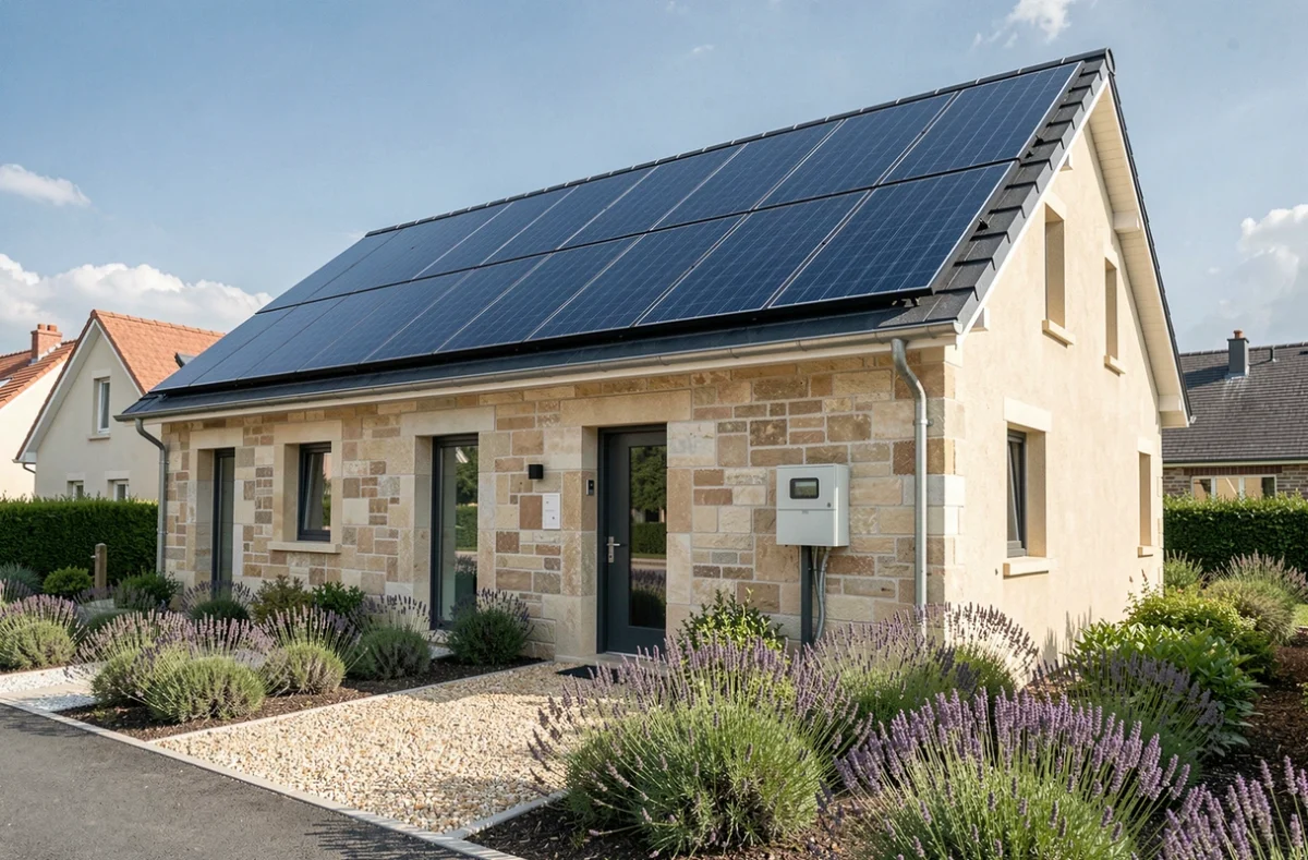 Maison individuelle française équipée de panneaux solaires photovoltaïques sur toiture avec jardin paysager