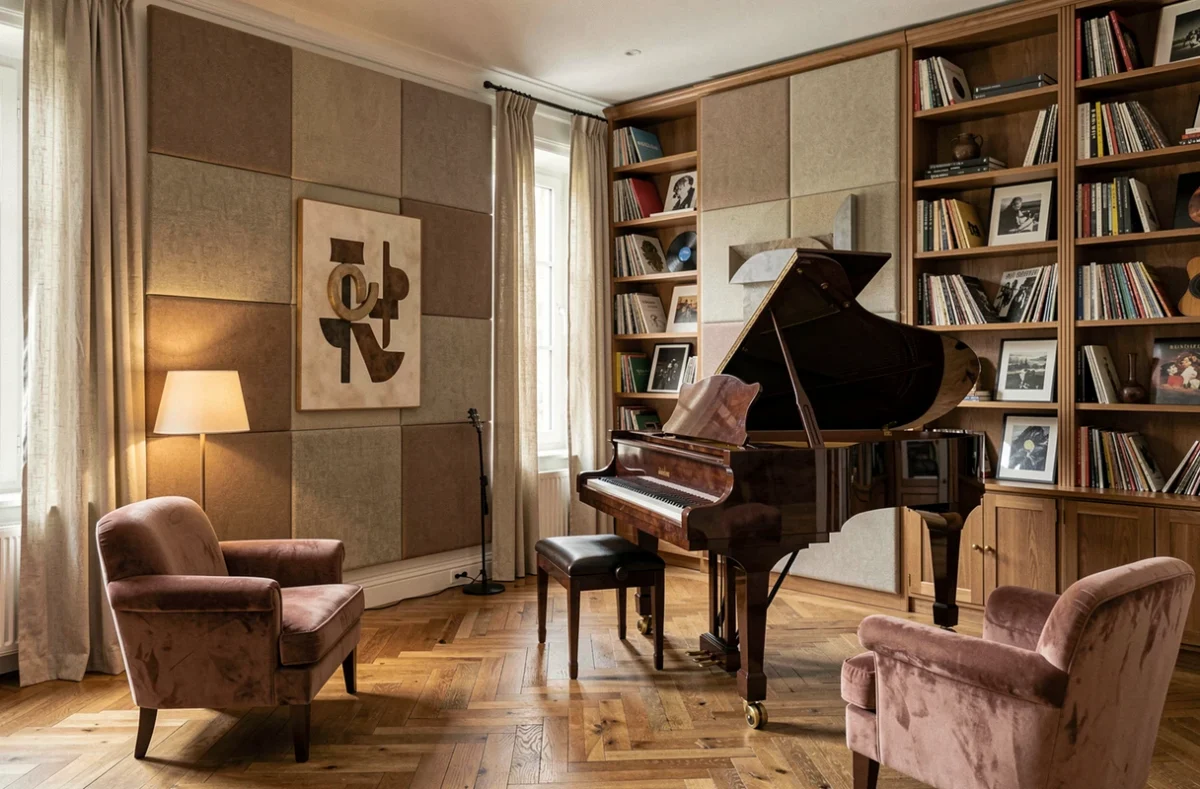 Salon-musique aménagé par Maison Music'Art avec piano, panneaux acoustiques et mobilier artistique
