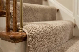 Pose d'une marche en moquette sur un escalier en bois avec tringle laiton et finition soignée