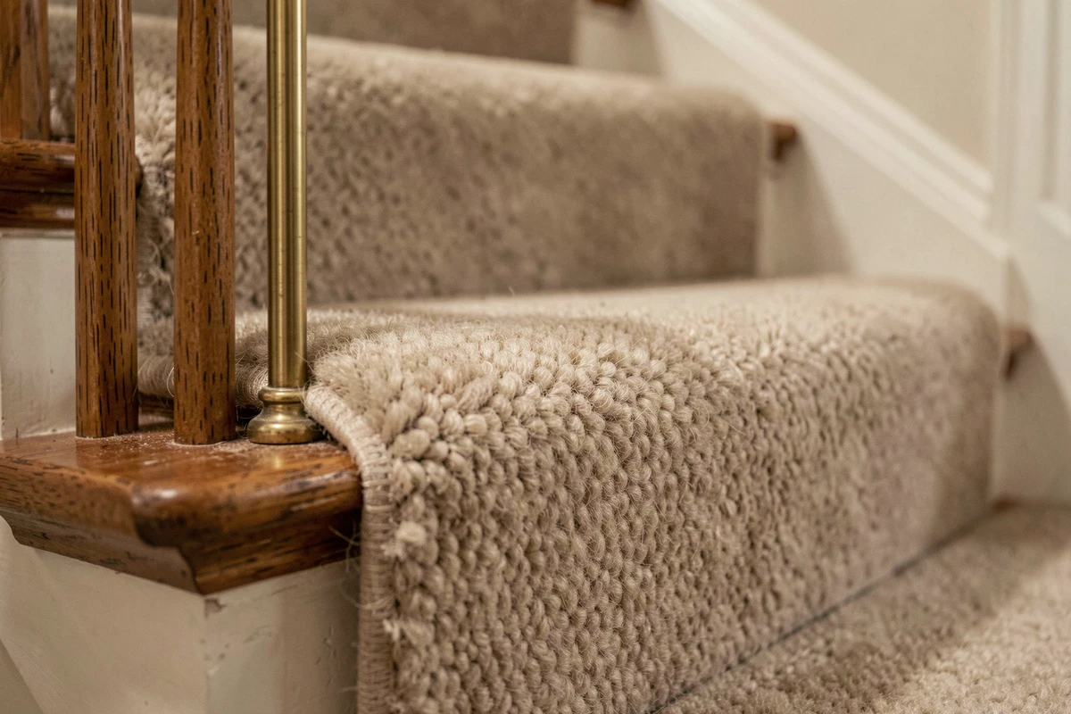 Pose d'une marche en moquette sur un escalier en bois avec tringle laiton et finition soignée