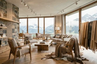 Showroom d'architectes d'intérieur en Haute-Savoie avec mobilier contemporain et vue sur les Alpes