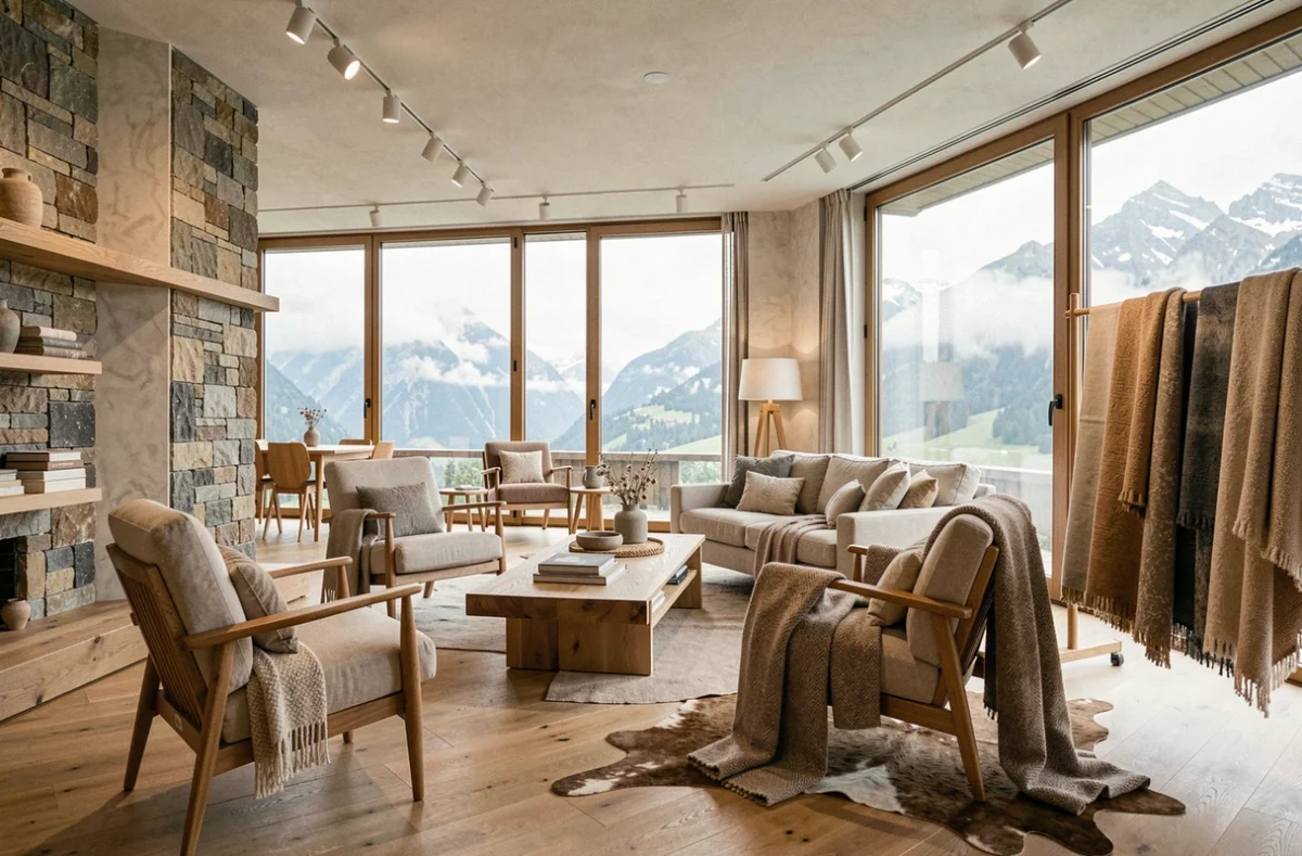 Showroom d'architectes d'intérieur en Haute-Savoie avec mobilier contemporain et vue sur les Alpes