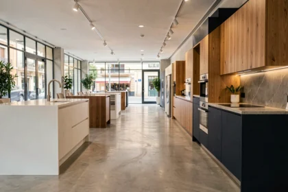 Showroom de cuisinistes à Nice avec plusieurs espaces cuisine exposés dans un grand espace moderne