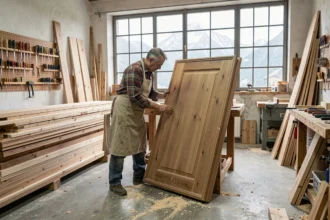 Menuisier expérimenté examinant un panneau de bois dans un atelier de menuiserie traditionnel en Haute-Savoie