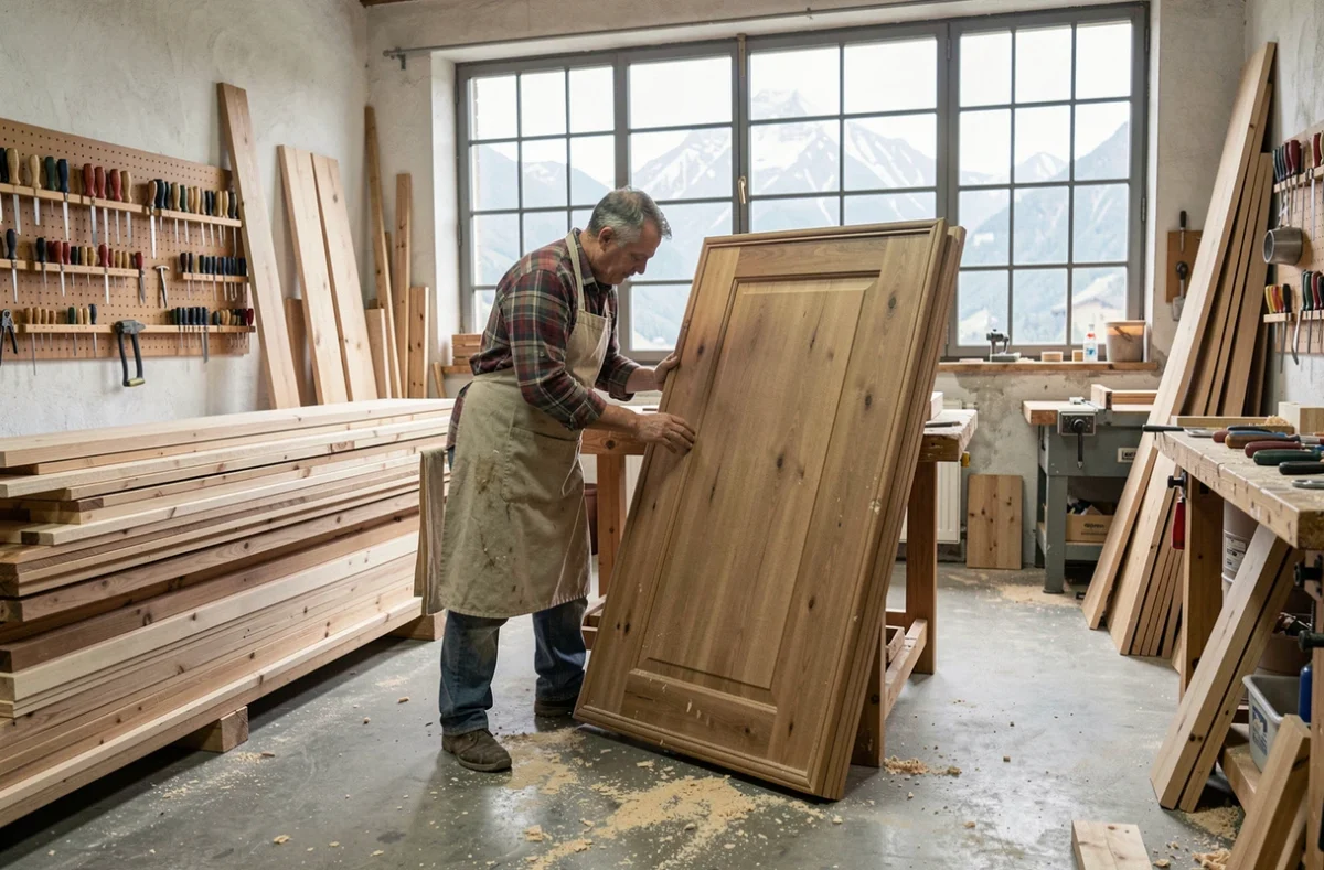 Menuisier expérimenté examinant un panneau de bois dans un atelier de menuiserie traditionnel en Haute-Savoie