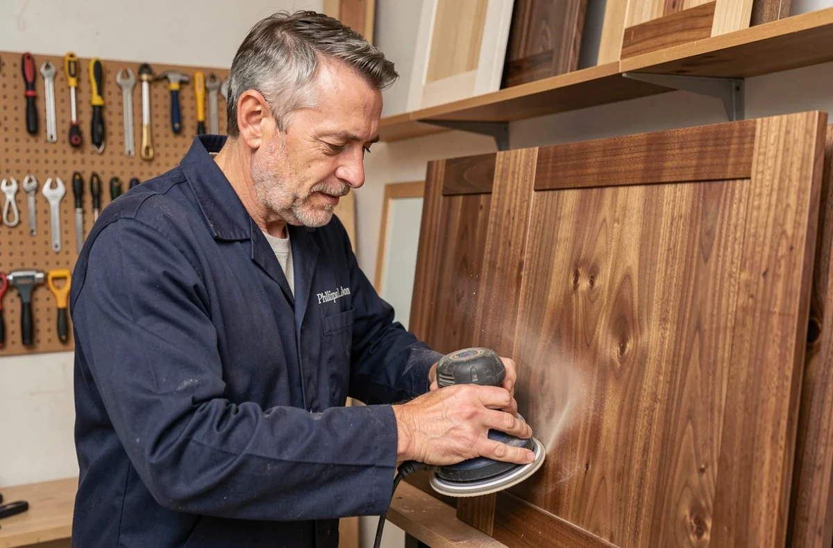 Philippe Lebon ponçant une porte de meuble de cuisine en noyer massif dans son atelier de menuiserie personnel