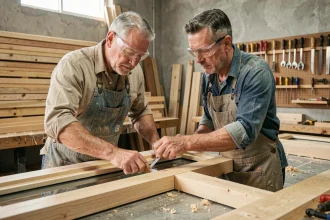 Menuisier expérimenté mesurant un cadre de fenêtre en bois dans un atelier artisanal bien équipé