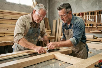 Menuisier expérimenté mesurant un cadre de fenêtre en bois dans un atelier artisanal bien équipé