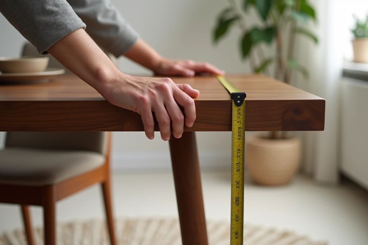 Mesure de la hauteur standard d'une table à manger avec un mètre ruban posé contre le pied en noyer