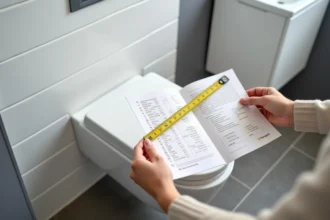 Mesure de la largeur d'un WC suspendu avec un mètre ruban et une fiche technique dans une salle de bain moderne