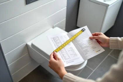Mesure de la largeur d'un WC suspendu avec un mètre ruban et une fiche technique dans une salle de bain moderne