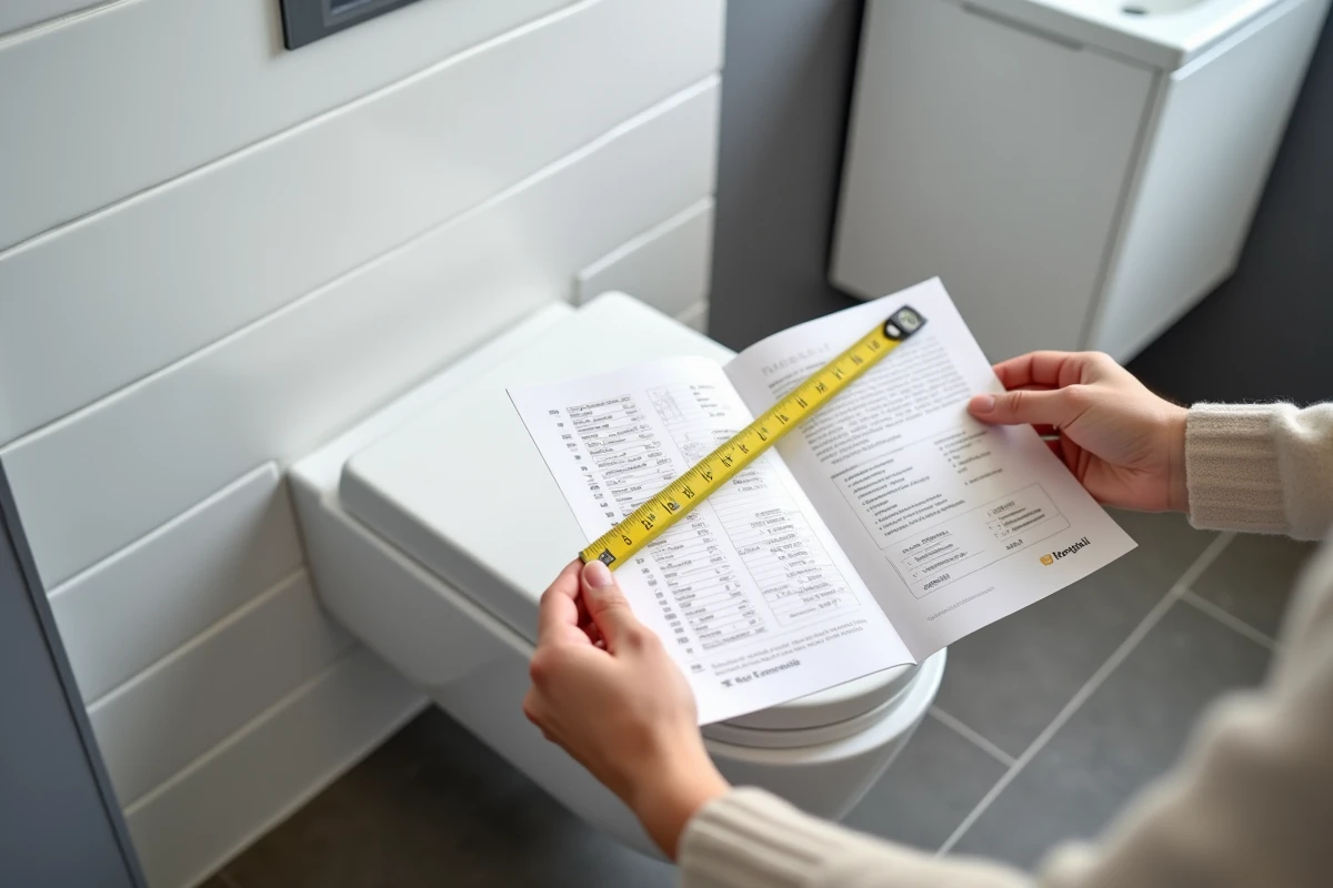 Mesure de la largeur d'un WC suspendu avec un mètre ruban et une fiche technique dans une salle de bain moderne