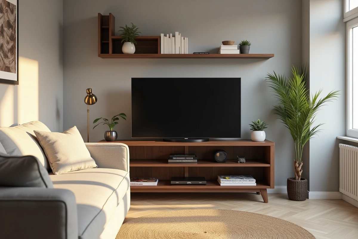 Meuble TV en angle en bois de noyer foncé dans un salon moderne avec canapé beige et parquet clair