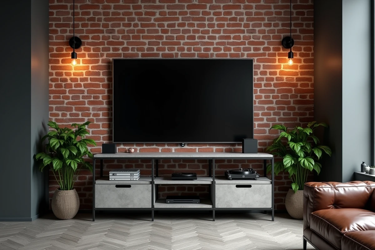 Meuble TV d'angle style industriel en métal noir et béton dans un salon avec mur en briques apparentes