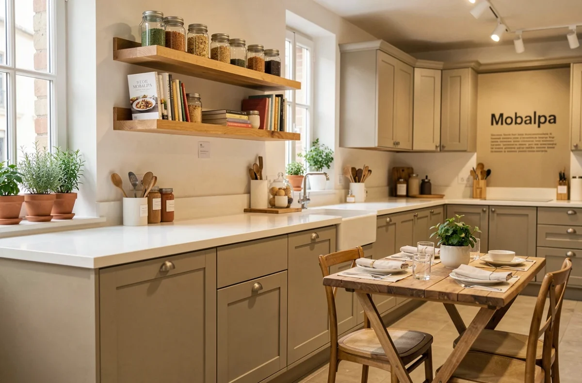 Cuisine Mobalpa Nice style shaker en beige sable avec évier céramique et étagères en bois flottantes