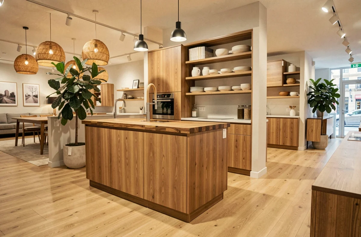 Cuisine en chêne fumé de Mobilier Laurent Nice avec plan de travail en bois massif et étagères ouvertes