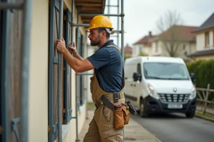 Ouvrier assemblant un échafaudage de location Leroy Merlin sur la façade d'une maison individuelle