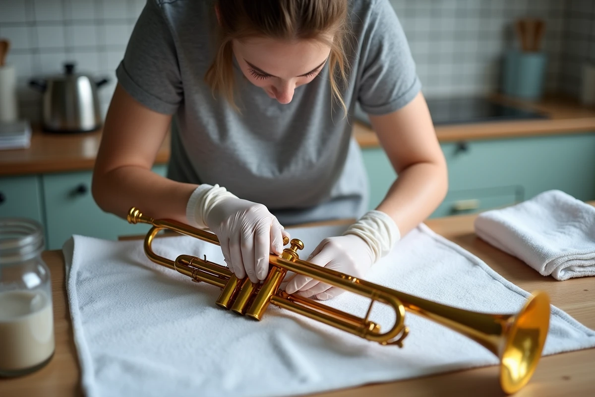 Jeune femme nettoyant les pistons d'une trompette en laiton avec des gants et un produit spécialisé sur une table de cuisine