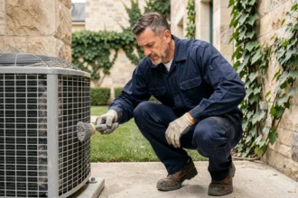 Technicien en train de nettoyer l'unité extérieure d'une pompe à chaleur dans un jardin résidentiel