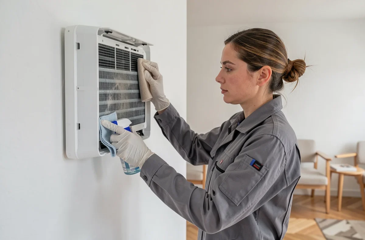 Technicienne nettoyant l'unité intérieure d'une pompe à chaleur murale dans un appartement moderne