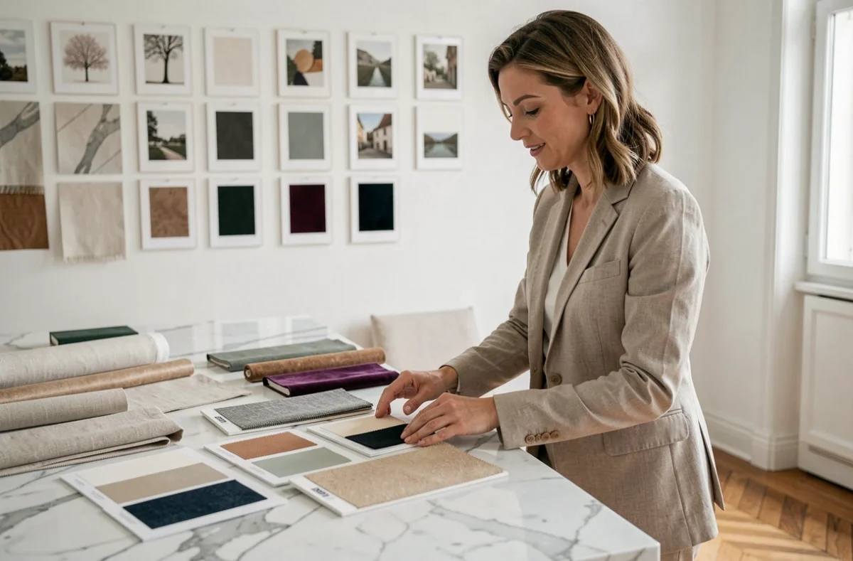 Architecte d'intérieur de Notes de Styles Annecy présentant des échantillons de matières dans son atelier