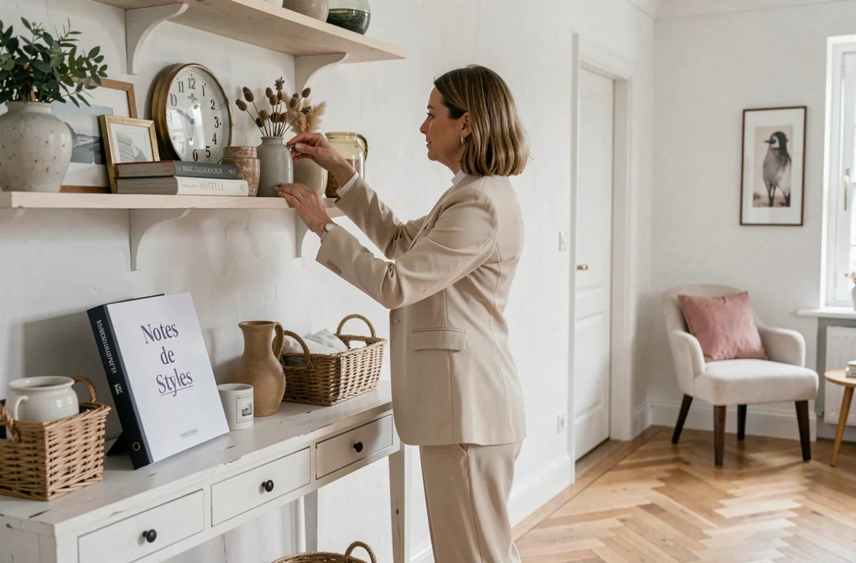 Styliste d'intérieur arrangeant des objets décoratifs dans une maison bretonne lumineuse pour l'agence Notes de Styles Bretagne