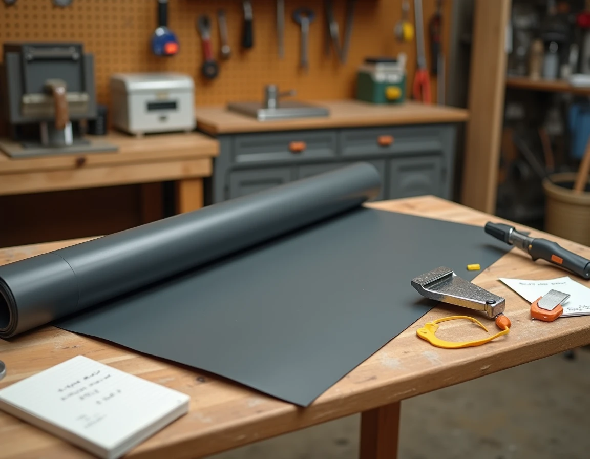 Plan de travail DIY avec matériaux et outils pour habiller et relooker une boîte aux lettres avec adhésif