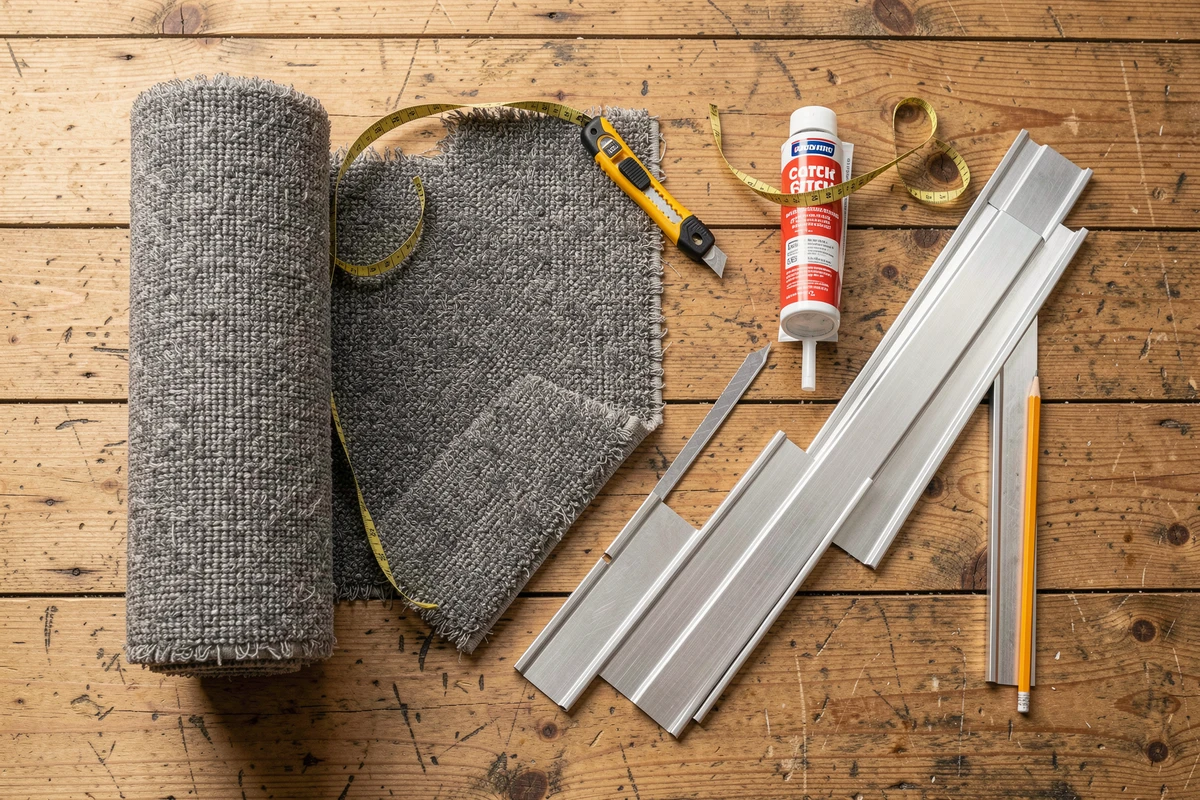 Matériaux et outils nécessaires avant la pose de marches en moquette sur escalier