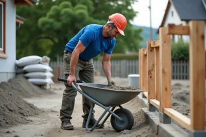 Ouvrier en travaux versant du ciment sur un chantier résidentiel