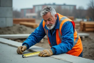 Ouvrier en bleu examine une dalle de beton fraîche