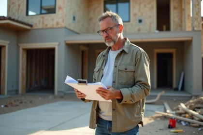 Homme d'âge moyen en vêtements de chantier devant une maison en rénovation